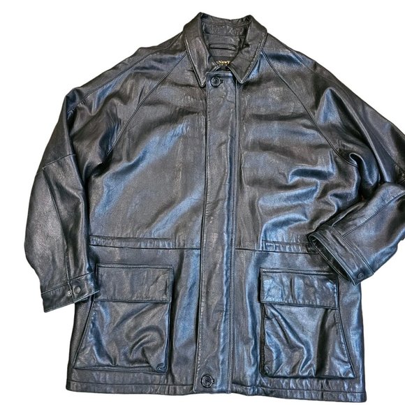 Marc New York Andrew Mark Black Leather Coat XL Zipup Patch Pockets Heavy - Picture 1 of 15